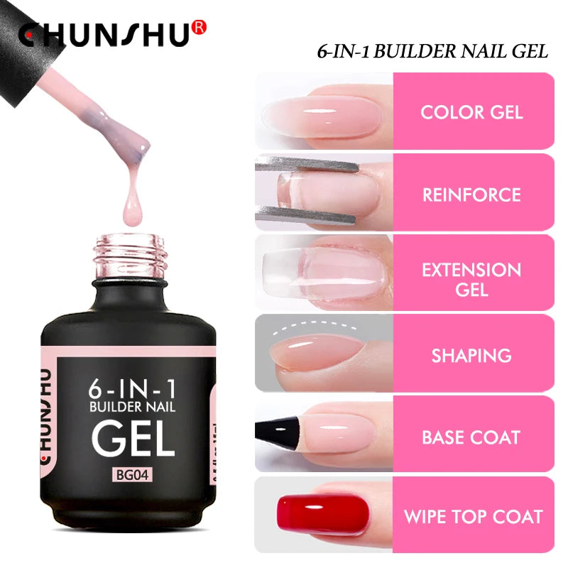 6-in-1 UV Gel Nail Polish Kit Builder Rubber Base Coat Semi-Permanent 15ML