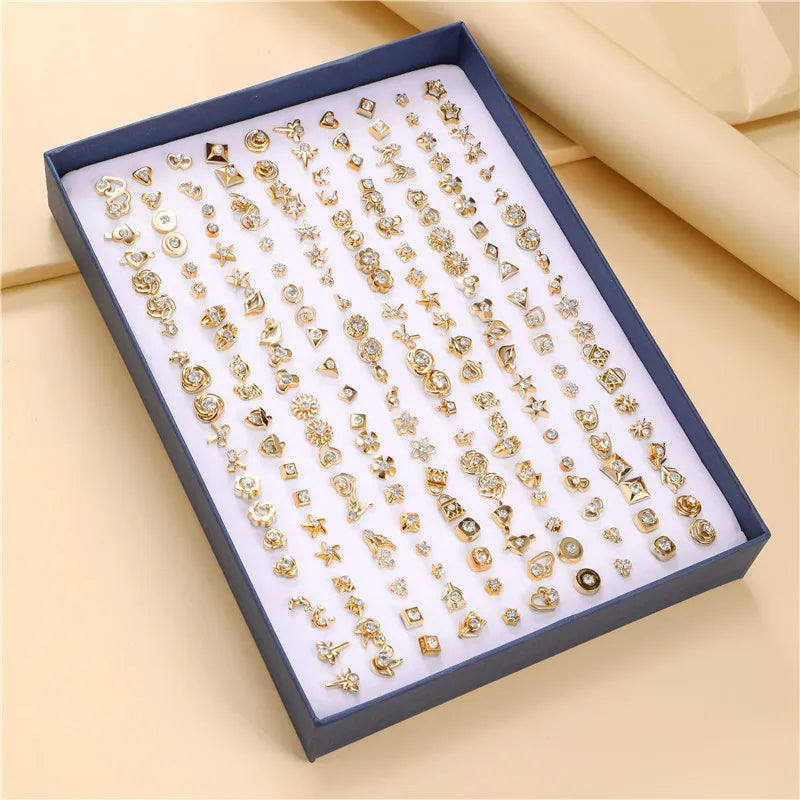 100 Pairs Small Stud Earrings Set for Women Geometric Star Animal Party Jewelry