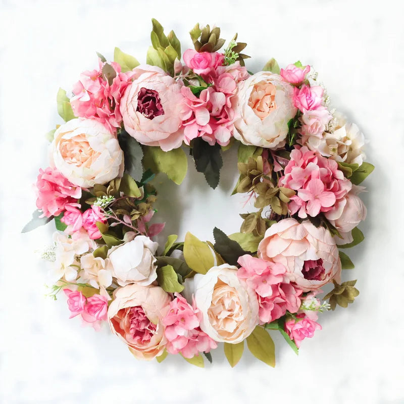 Artificial Peony Wreath Door Decoration - 40cm Silk Flower Wall Hanging for Wedding & Home Decor