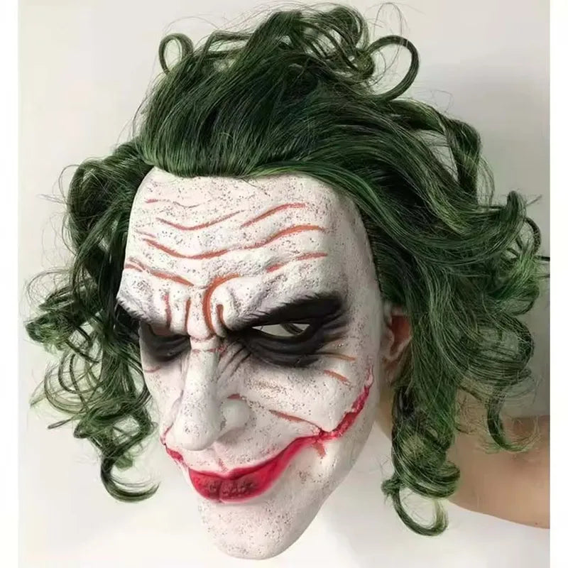 Halloween Clown Mask Latex Joker Costume Mask with Green Hair Wig - Horror Cosplay Prop