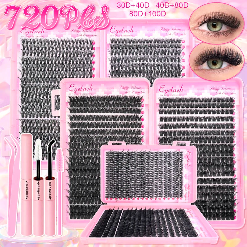 DIY Eyelash Extension Kit Clusters 9-16mm with Bond and Seal - Natural Wispy Lashes