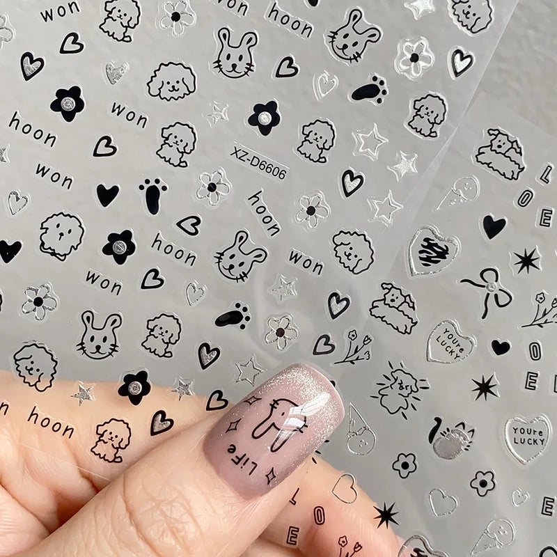 Cartoon Black Cat Nail Stickers Set - Kawaii Puppy Kitten Nail Art Decals