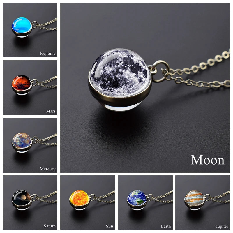 Solar System Planet Necklace with Moon Earth Jupiter Neptune Mars Venus Glass Ball Pendant Jewelry
