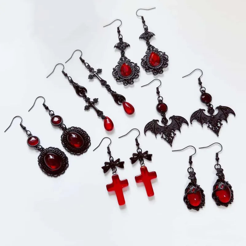Gothic Vampire Bat Cross Earrings for Men Women Halloween Jewelry - Deep Red Glass Crystals