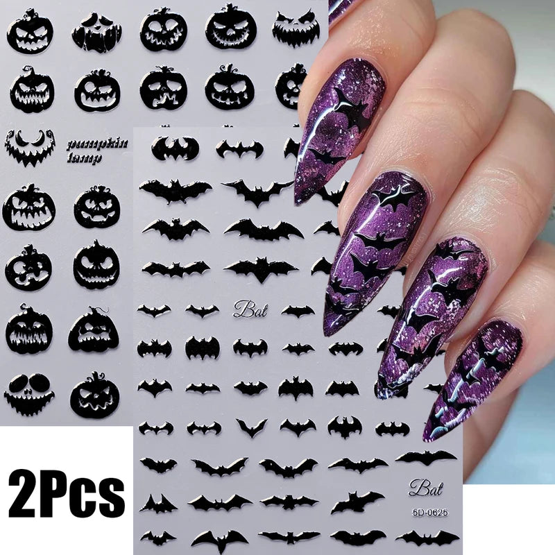 Halloween Black Pumpkin Bat Nail Art Stickers - 2 Sheets Spooky Nail Decals