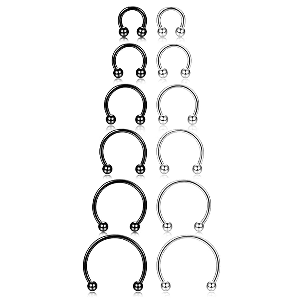 12Pcs Stainless Steel Nose & Septum Rings Body Piercing Jewelry 6MM-16MM Black Silver