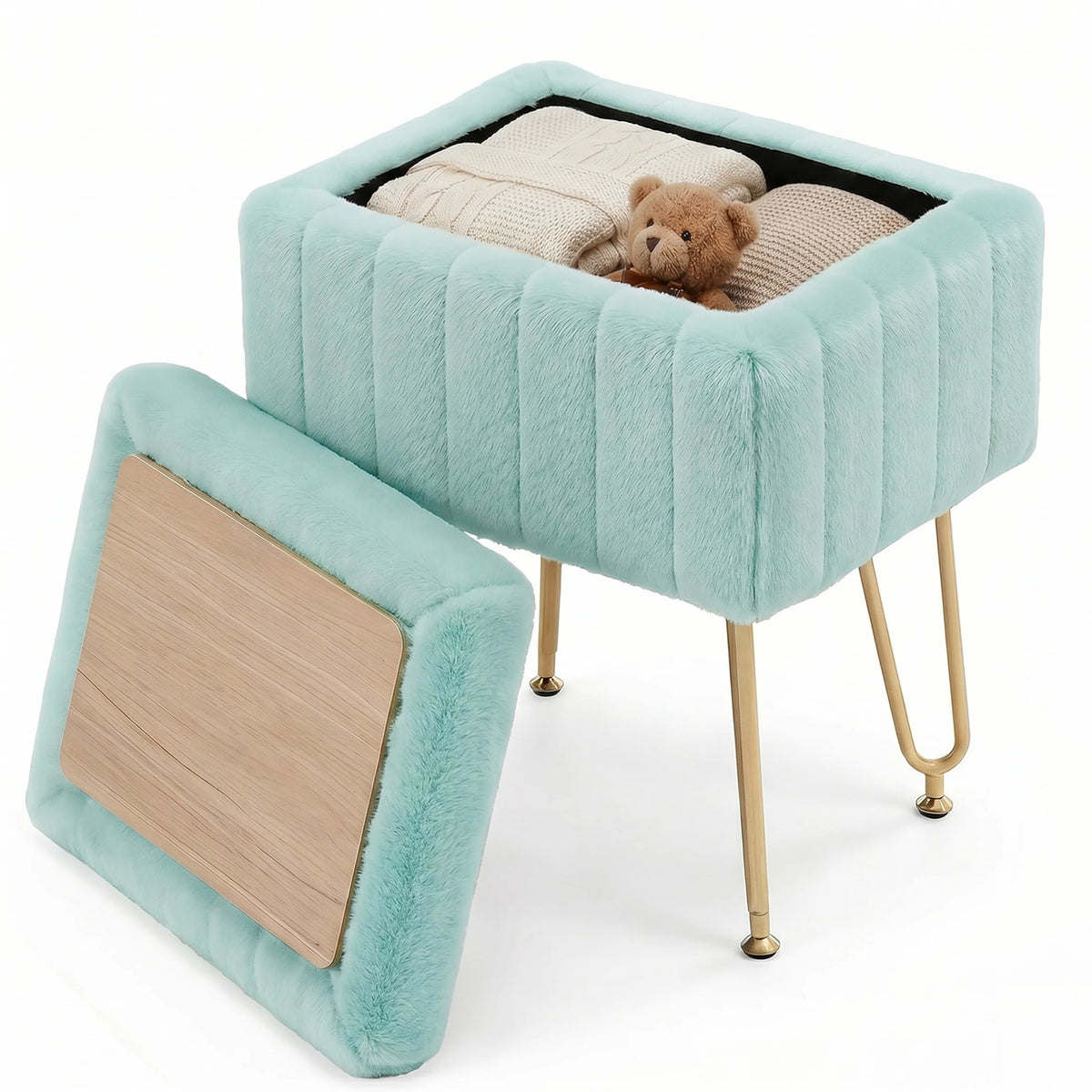 Faux Fur Vanity Stool with Hidden Storage and Adjustable Metal Legs
