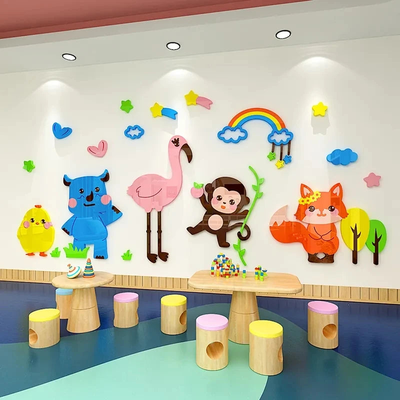 Kids Cartoon Animal Wall Stickers - 3D Acrylic Decor for Child Rooms