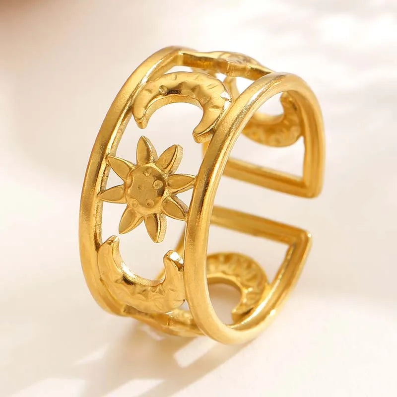 Minimalist Star & Moon Double Layer Open Rings - Waterproof Stainless Steel Jewelry Gift