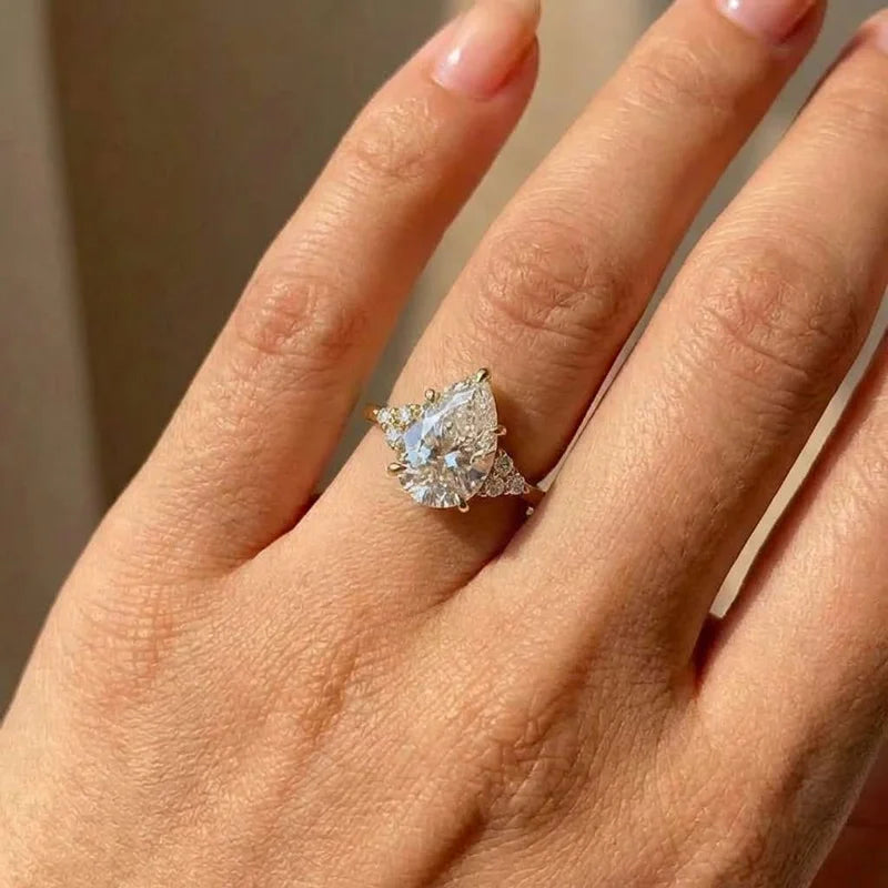 Sterling Silver Pear Shape Zirconia Wedding Band for Women - Gold Color Proposal Ring