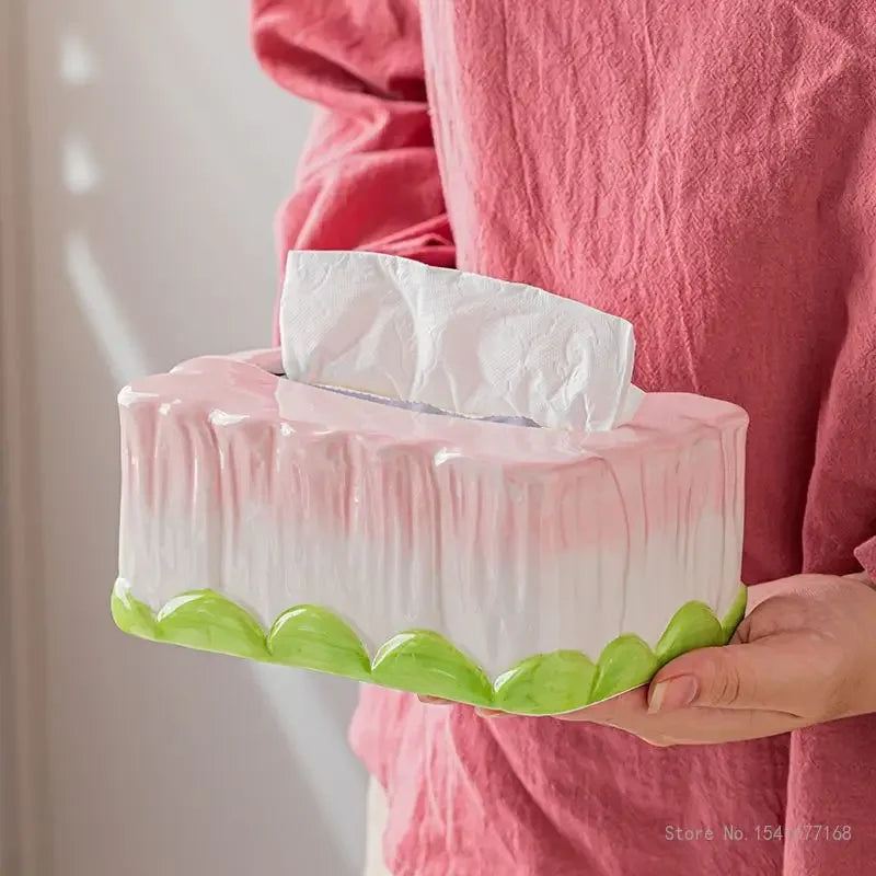 Ceramic Tulip Tissue Box - Creative Home Desk Decor, Living Room Gift