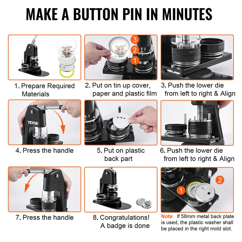 DIY Badge Maker Machine Kit for Custom Buttons 25 & 58mm with 500 Parts