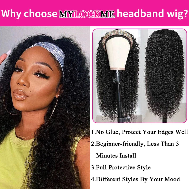 Headband Wig Human Hair Kinky Curly Full Machine Made 180% Density - No Glue