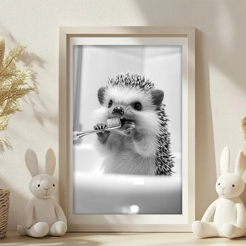 Animal Bathroom Canvas Wall Art - Funny Teeth Brushing Poster Home Decor