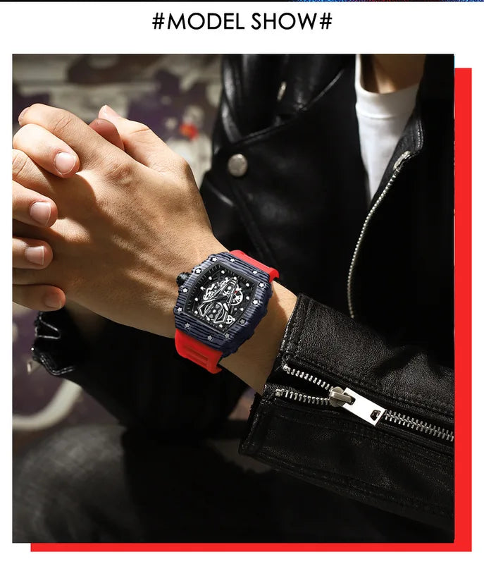 Men's Barrel Watch with Curved Mirror Hollow Surface Silicone Quartz Wristwatch