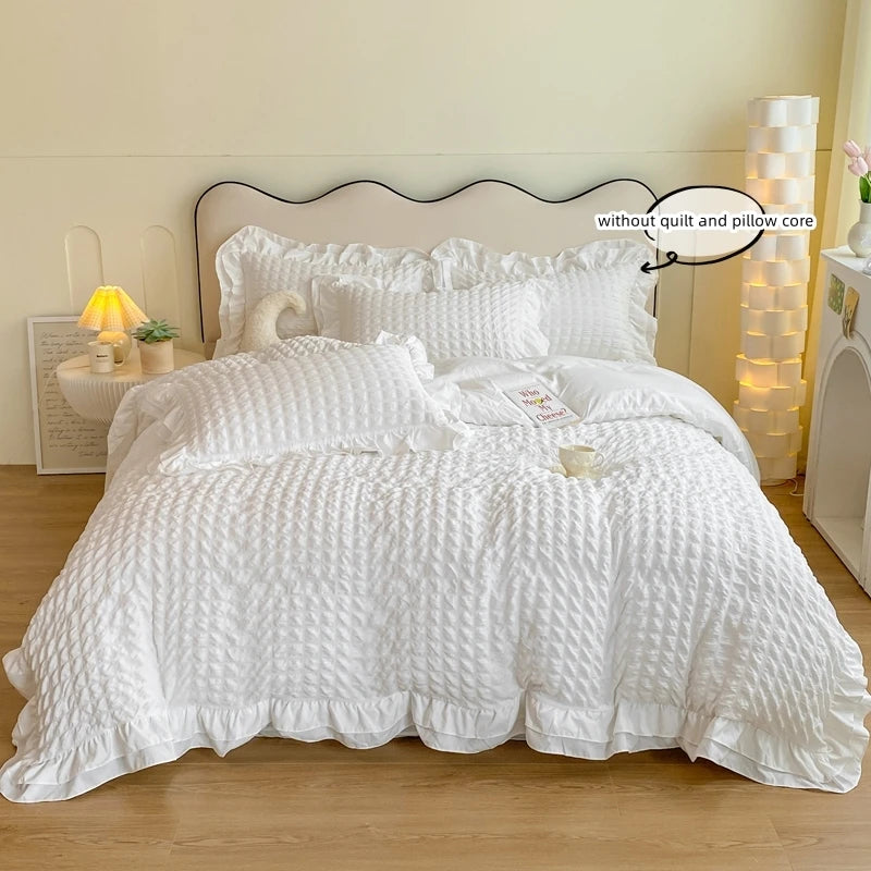 Korean Lace Bedding Set 3 Pieces Seersucker Duvet Cover and Pillowcases