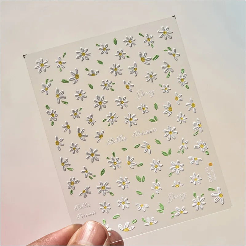 5D Embossed Nail Stickers with Flowers - Self-Adhesive Daisies & Wildflowers for DIY Manicure