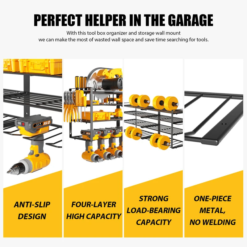 Heavy Duty Wall Mount Power Tool Storage Rack with 4 Layers and 8 Drill Holders