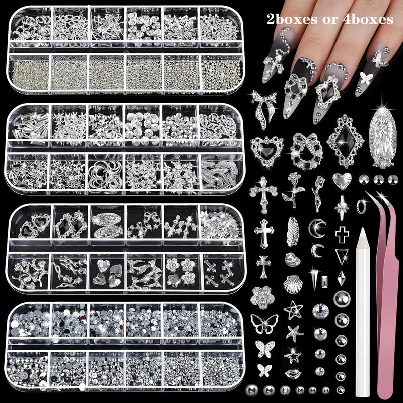 4 Box Nail Rhinestones Set with 3D Cross & Heart Charms for DIY Nail Art - Silver