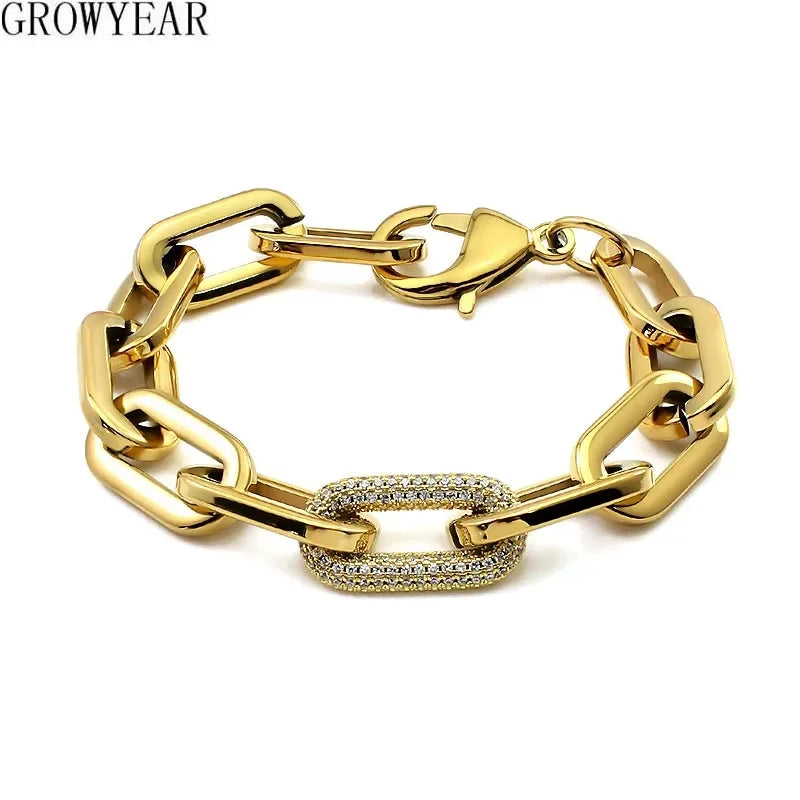 Fashion Women Chunky Chain Bracelets with Rhinestones - Stainless Steel Link Jewelry