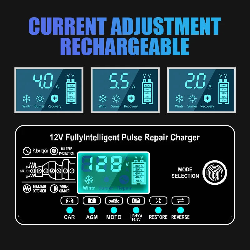 12V 6A Lithium Iron Phosphate Battery Charger with LCD Display for Car Motorcycle