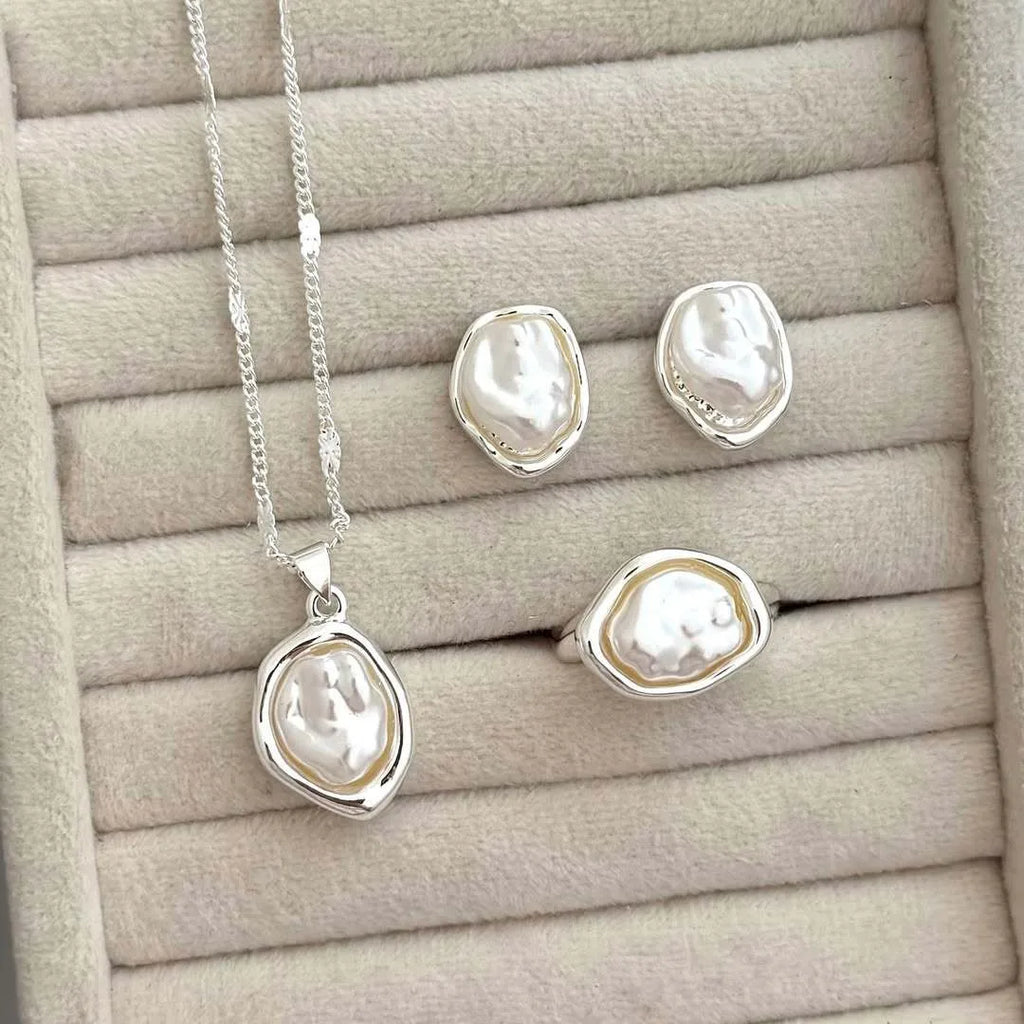 Elegant Pearl Jewelry Set for Women Vintage Snake Chain Necklace Open Cuff Bangle & Ring