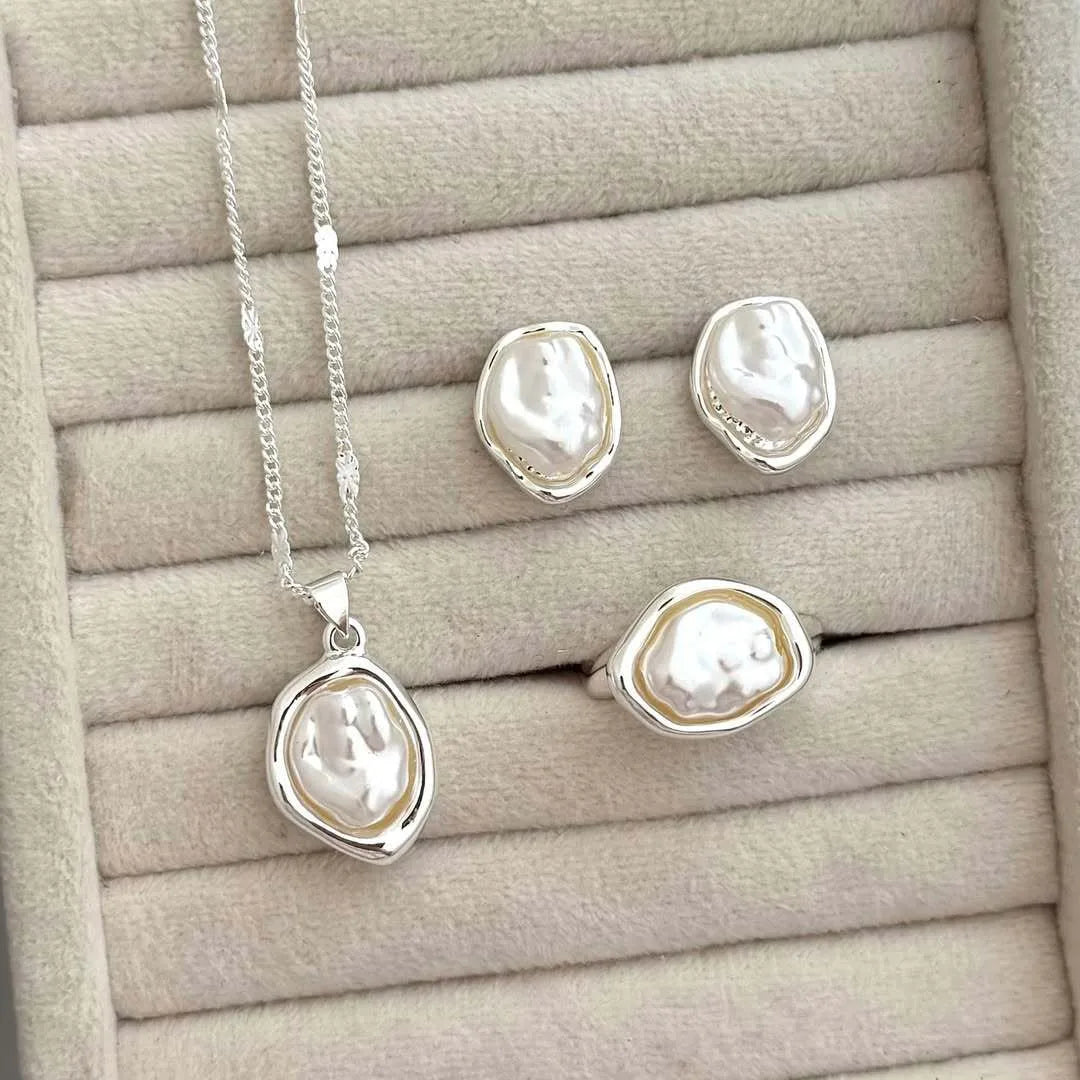 Elegant Pearl Jewelry Set for Women Vintage Snake Chain Necklace Open Cuff Bangle & Ring