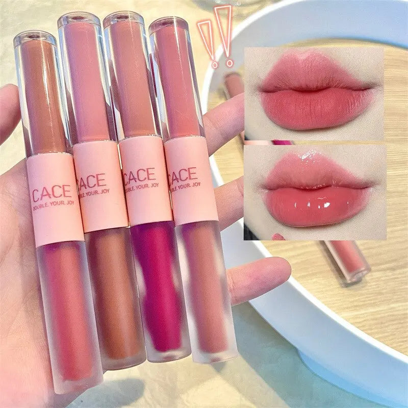 Double End Lip Gloss with Mirror & Velvet Matte Finish - Long Lasting Moisturizing Lip Makeup