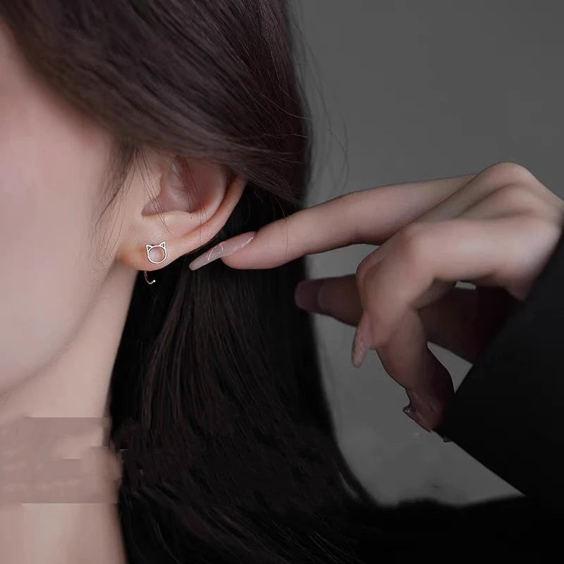 Cute Cat Stud Earrings for Women Girls Silver Color Hypoallergenic Jewelry
