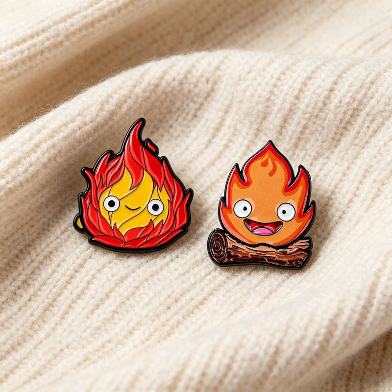 2-Pack Cute Flame Enamel Pins Cartoon Anime Movie Brooches Fashion Jewelry