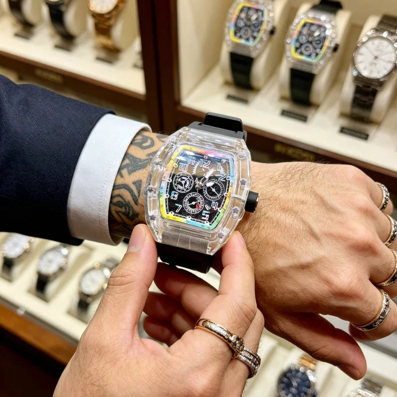 Men's High-End Barrel-Shaped Transparent Quartz Watch with Rainbow Dial Waterproof Wristwatch