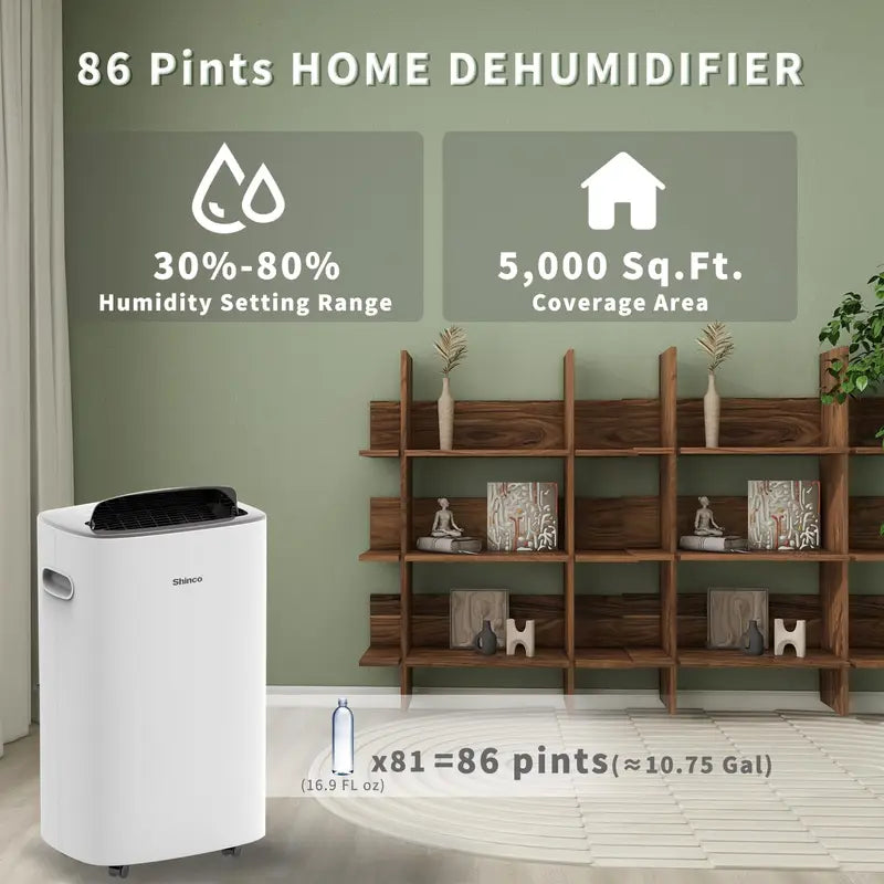 86 Pint Dehumidifier for Home & Basement with Drain Hose - 5000 Sq Ft