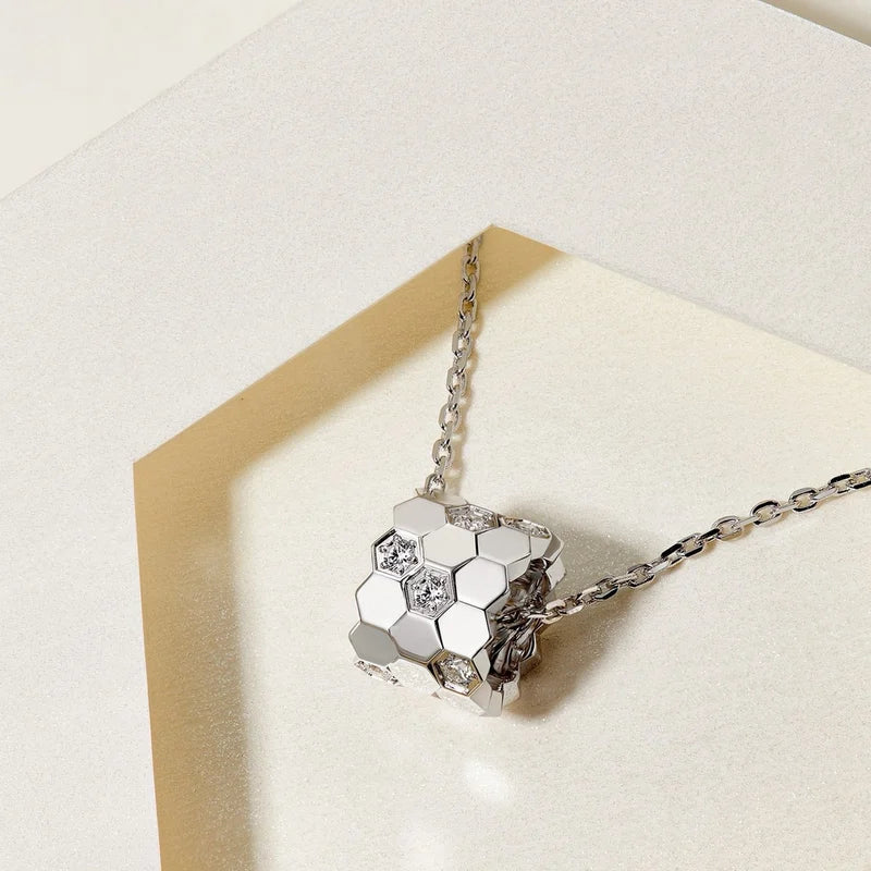 Sterling Silver Diamond-Studded 18K Gold Honeycomb Necklace for Women