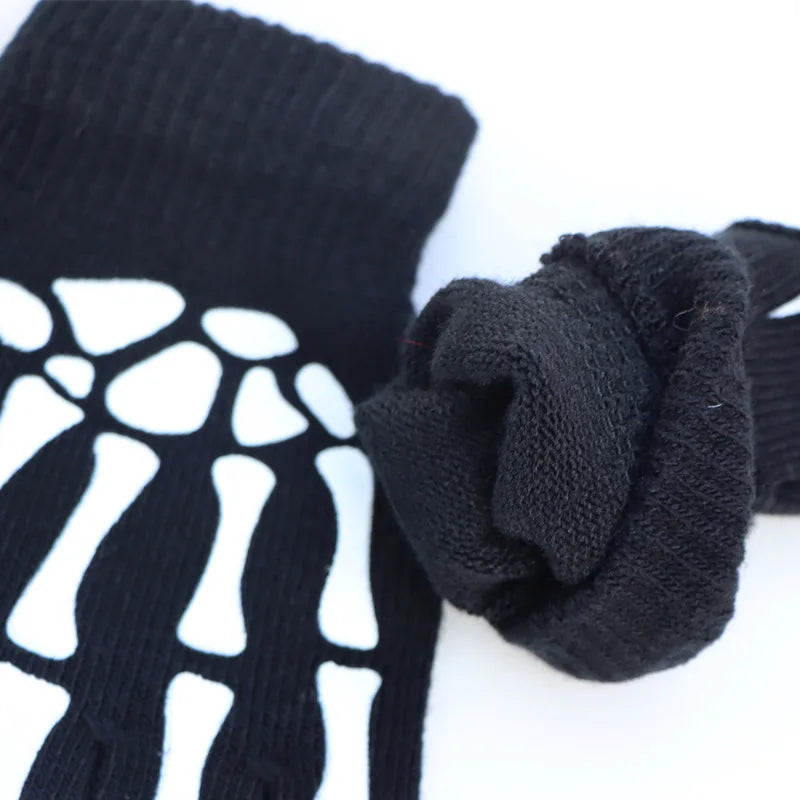 Luminous Skeleton Half Finger Gloves for Halloween Costume Black Knitted Fingerless Gloves Skull Accessory