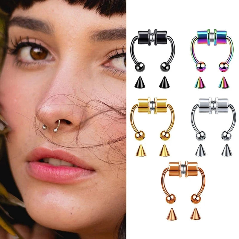 Women Fake Nose Piercing Hoop Non Piercing Septum Clip Stainless Steel Magnet Fashion Jewelry