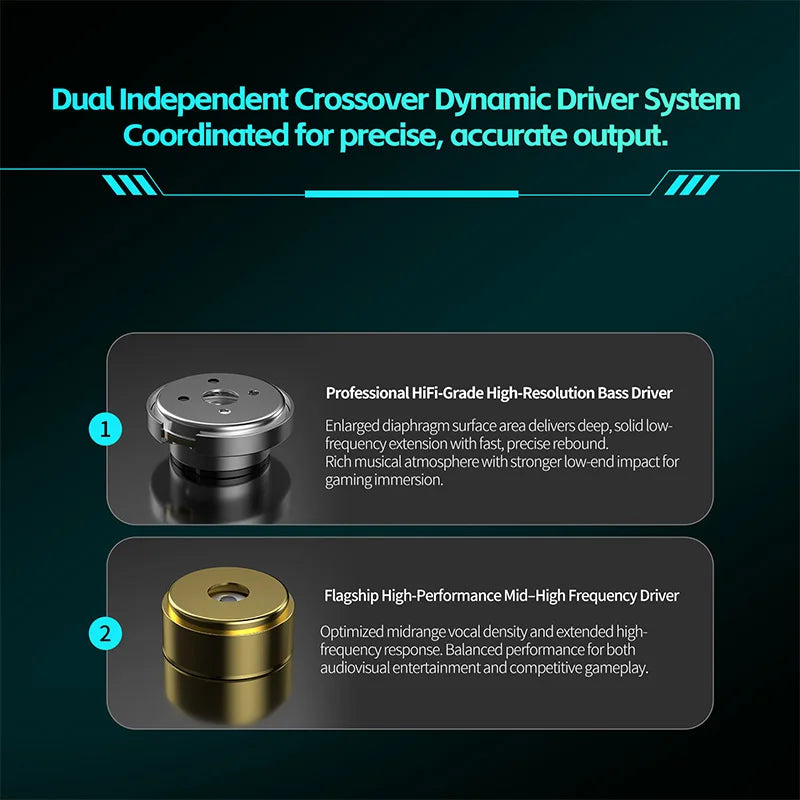 In-Ear Gaming Earphones with Dual Dynamic Drivers, Noise Cancellation & DSP Chip