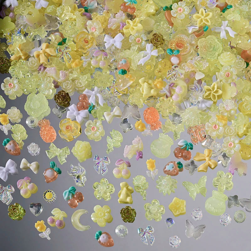 Mixed Resin Nail Charms 3D Bow Flowers Rhinestones for DIY Nail Art 50g