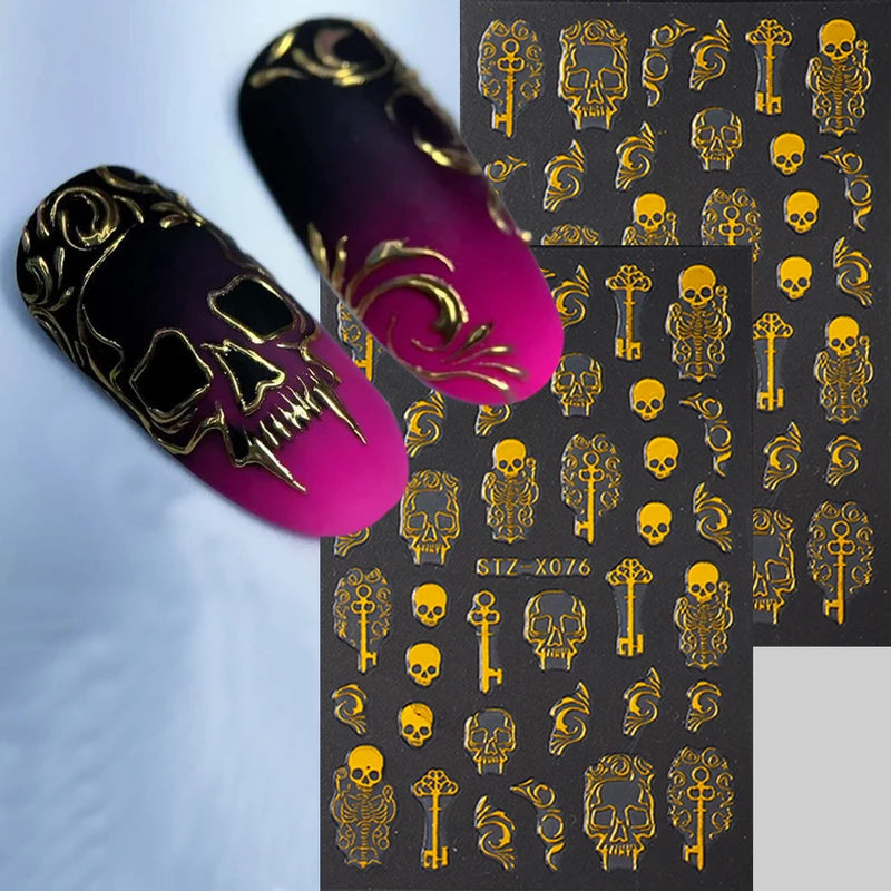 Gothic Golden Skull Nail Art Stickers Halloween Self-Adhesive Decals for Nails