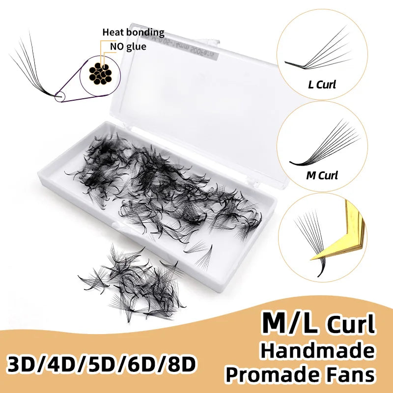Premade Russian Volume Eyelash Fans - 3D to 8D L Curl, 500 Fans per Tray
