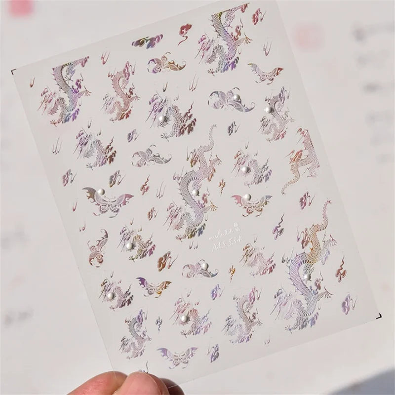 Colorful Bird Nail Art Stickers 5D Relief Butterfly Flower Dragon Decals