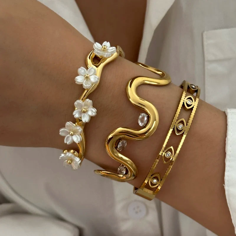 Women’s Gold Plated Stainless Steel Evil Eye Bracelet Wavy Shell Flower Open Bangle Waterproof Jewelry