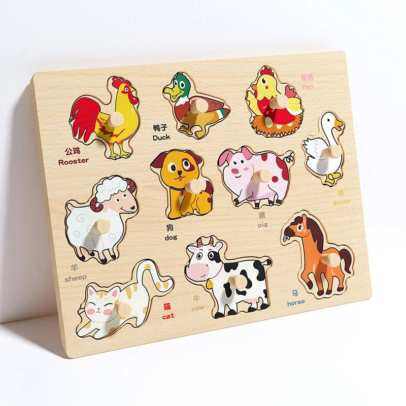 Baby Hand-Hold Puzzle Board Montessori Wooden Shape Matching Toy for Toddlers