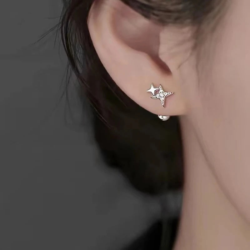 925 Silver Zircon Star Bead Screw Stud Earrings for Women Party Jewelry