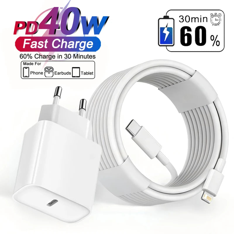 40W USB-C PD Charger Fast Charging Cable for iPhone & Smartphone
