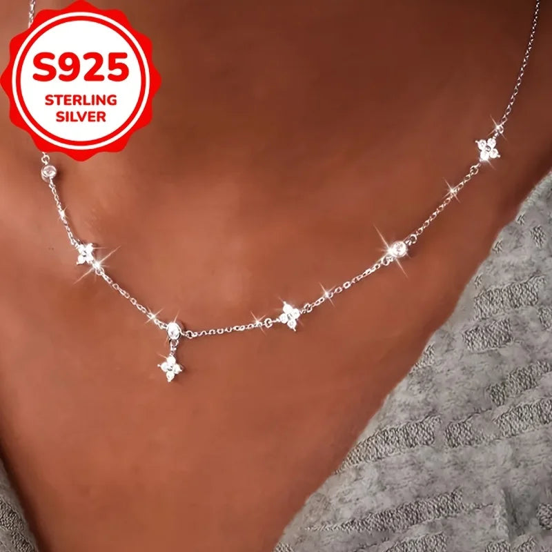 Sterling Silver Clover CZ Choker Necklace 14K Gold Plated Dainty Chain