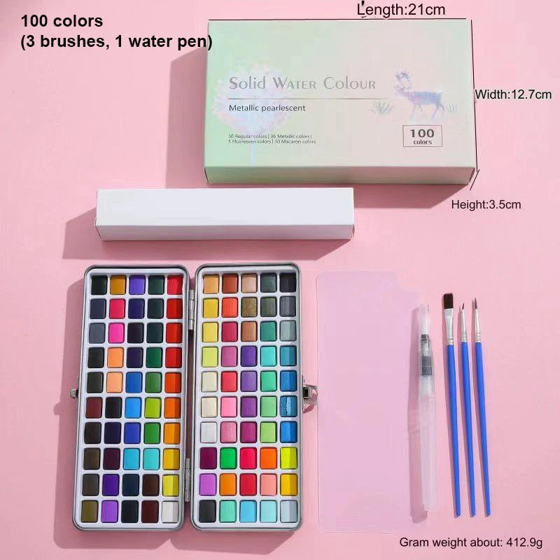Watercolor Paint Set with Brush & Water Pen - 50/72/90/100 Colors Art Kit for DIY Painting & Nail Art