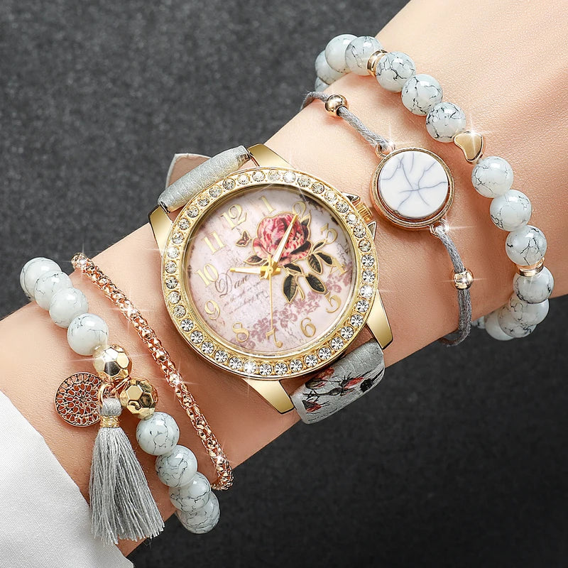 Fashion Women's Quartz Watch Set with Floral Print Leather Band Multiple Colors