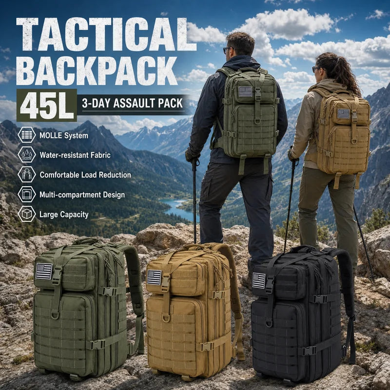 Men & Women 45L Tactical Hiking Backpack Large Capacity Water-Resistant Camping & Trekking Rucksack