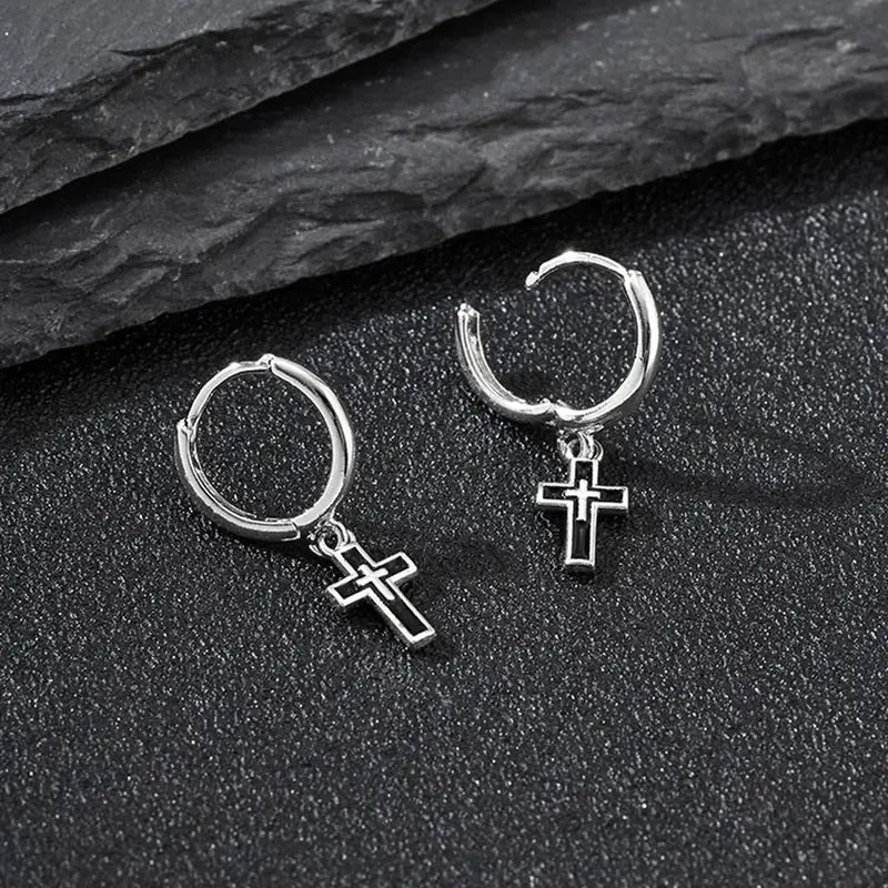 Silver Cross Hoop Earrings for Men Boys - Dangle Drop Jewelry Gift