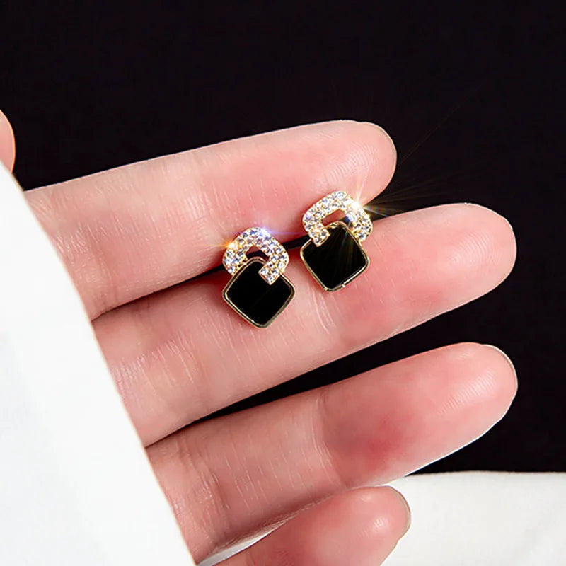 Korean Style Black Zircon Stud Earrings for Women Geometric Rhinestone Jewelry